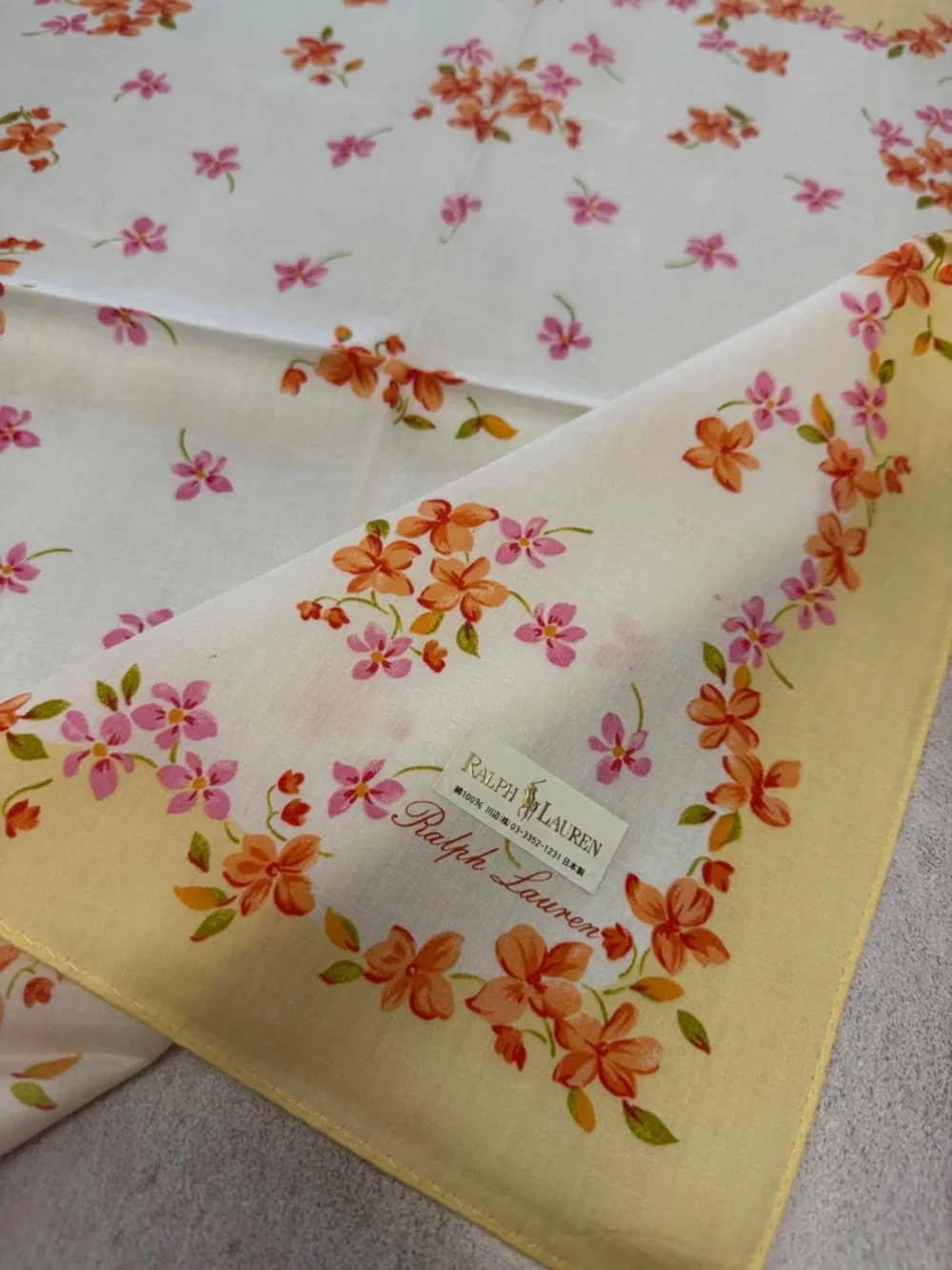 Ralph Lauren Floral cotton Scarf in White, Pink, Orange & Yellow Border - Picture 2 of 5